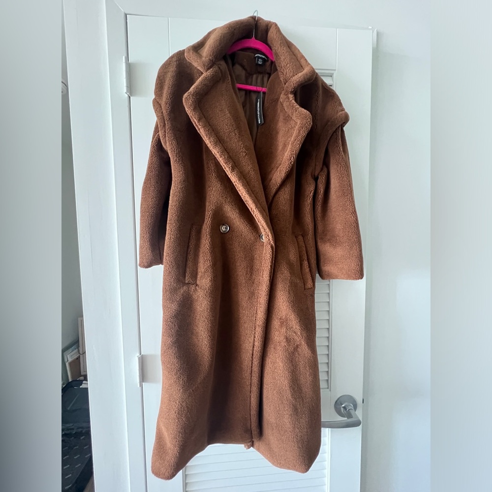 Pretty Little Thing Teddy Bear Coar Women's Brown Double-Breasted